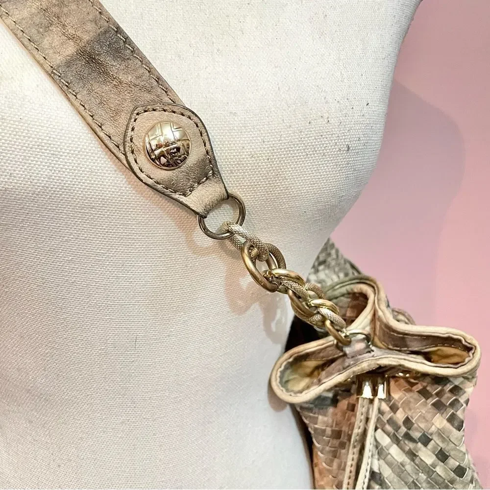 Elliott Lucca Snakeskin Embossed Leather Weave Bucket Hobo Shoulder Purse